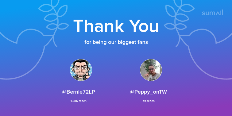 Our biggest fans this week: Bernie72LP, Peppy_onTW. Thank you! via sumall.com/thankyou?utm_s…