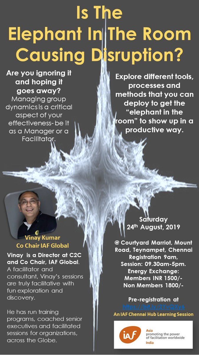 chennaifac's tweet photo. This Saturday at Chennai is a session from the co-chair of IAF, Mr. Vinay Kumar! He'll be talking about "the elephant in the room", which can hinder progress at times. Learn tools and processes to help overcome those obstacles! Pre-register NOW at https://t.co/xMbqFXqU3k https://t.co/FHjBaHIPre