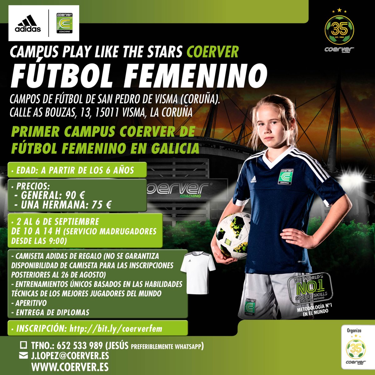 CoerverSpain's tweet image. Llega a #Galicia el #CampusCoerver de fútbol femenino. Del 2 al 6 de septiembre aprende con entrenamientos únicos basados en las habilidades de los mejores jugadores del mundo. Además, ¡camiseta @adidas  de regalo! Aprovecha y aprende a jugar Like The Stars #Coerver