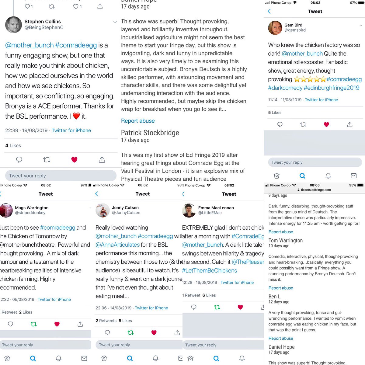 mother_bunch's tweet photo. Things that people have been saying about #comradeegg at #edfringe. Come along to #pleasancecourtyard at 11.25am - tickets on at #halfpricehut today. #MakeYourFringe https://t.co/0VroSNcwnZ