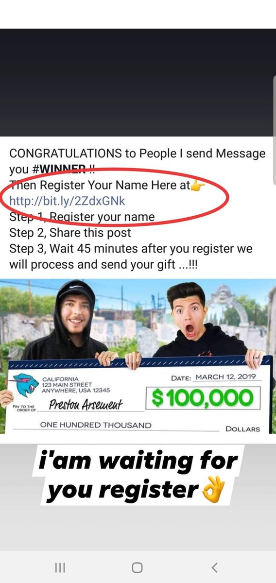 Sam_Nuckols's tweet photo. @MrBeastYT Yooo, heads up, someone's got a fake FB tryna pose as you, with a "huge giveaway" 🙃 https://t.co/zOdt0Lytij