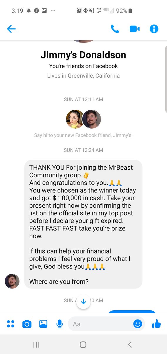 Sam_Nuckols's tweet photo. @MrBeastYT Yooo, heads up, someone's got a fake FB tryna pose as you, with a "huge giveaway" 🙃 https://t.co/zOdt0Lytij