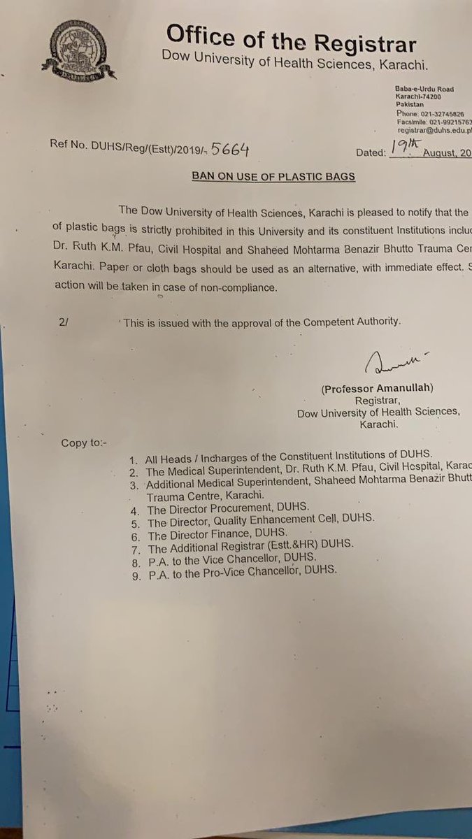 Thank u Dow University of Health Sciences for supporting the initiative of #SindhGovt of banning plastic bags. Yes #TogetherWeCan #SayNoToPlastic bags #Environment