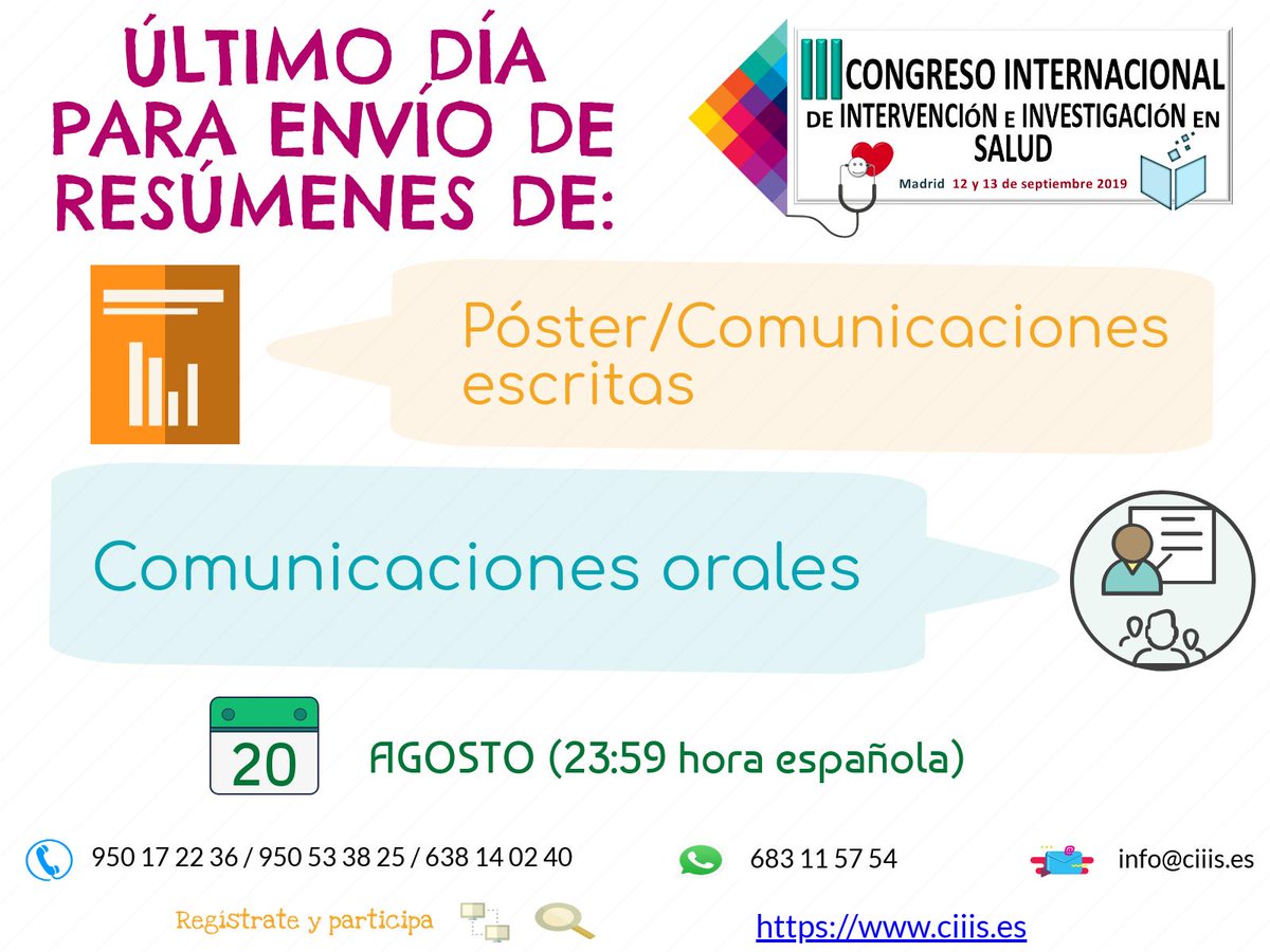 formsoci_ccss's tweet photo. 📣📣 ÚLTIMO DÍA‼️ para envío de resúmenes de PÓSTER/COMUNICACIONES ESCRITAS 📄 Y COMUNICACIONES ORALES 🗣

⏱ No te quedes sin enviar tus aportaciones 🏃‍♀️🏃‍♂️ Regístrate y participa 👩‍💻👨‍💻 https://t.co/I7mM9NfB64 https://t.co/c39c2CDmk7