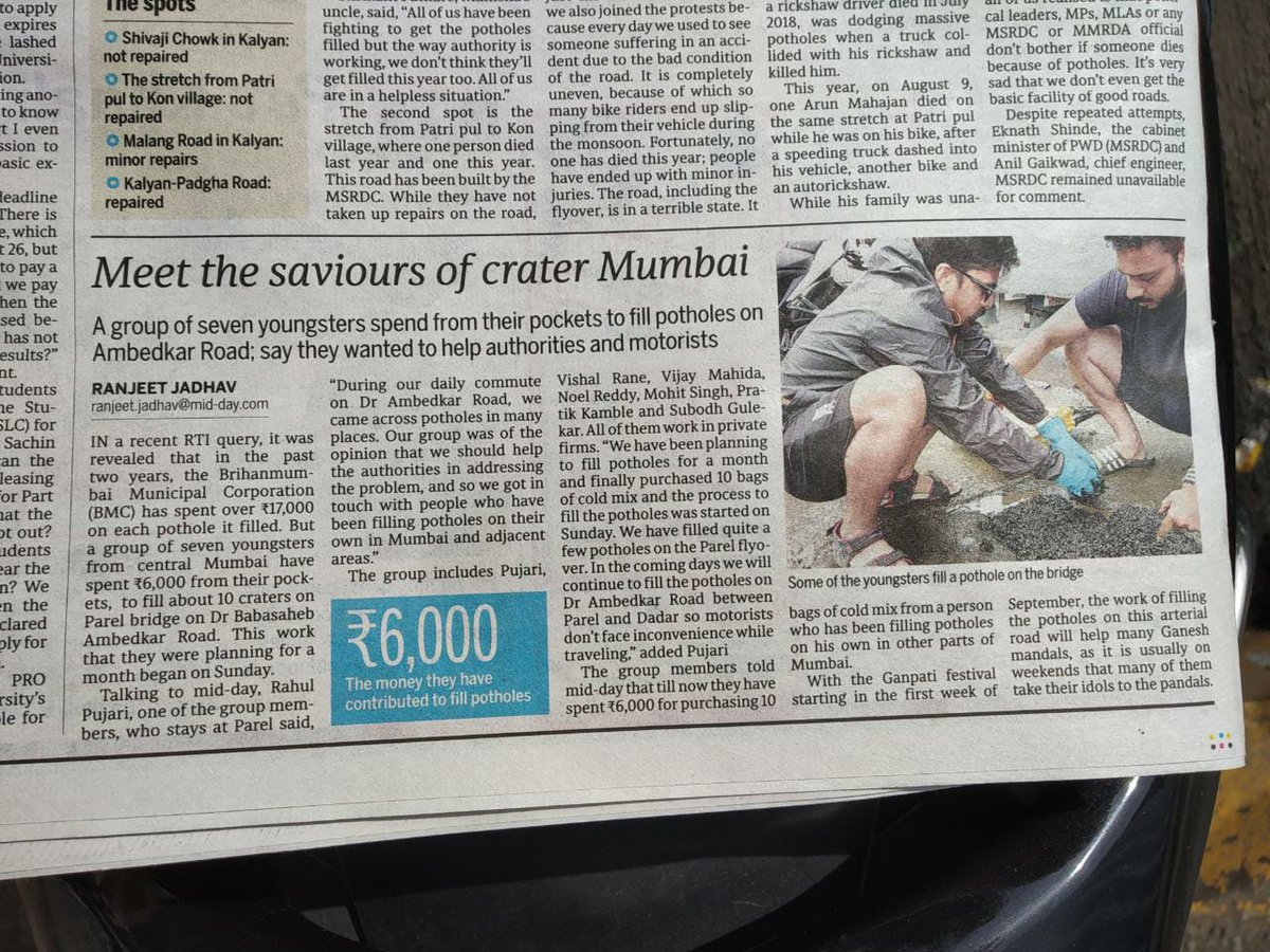 MushtaqAnsari80's tweet photo. @PotholeWarriors MEET THE saviors of #CraterMumbai
A story in @mid_day 20aug2019 by @ranjeet221985
#Each1Fill1 #KillPotholes #SaveLifes
Become #PotholeKillers
Join us , Follow at @PotholeWarriors
@mymalishka @HoeZaay @sahiljoshii https://t.co/C6vITzlbDM