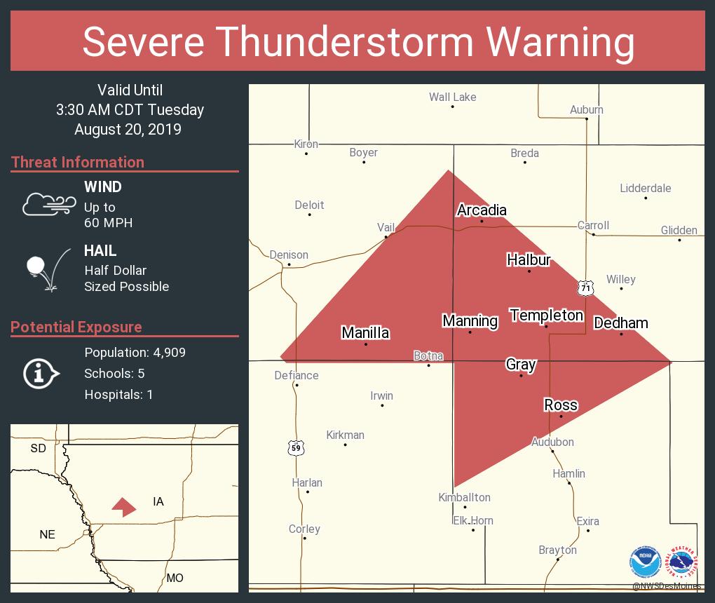 NWSDesMoines's tweet photo. Severe Thunderstorm Warning including Manning IA, Manilla IA, Arcadia IA until 3:30 AM CDT https://t.co/BCwAN3HhAP