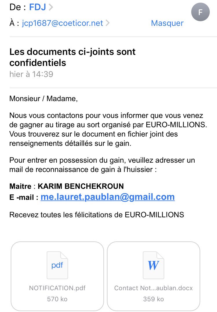 laet_itia's tweet photo. @FDJ Bonjour juste pour vous informer d’une tentative de #phishing reçue par mail qui vous concerne https://t.co/28wcnpmgH4