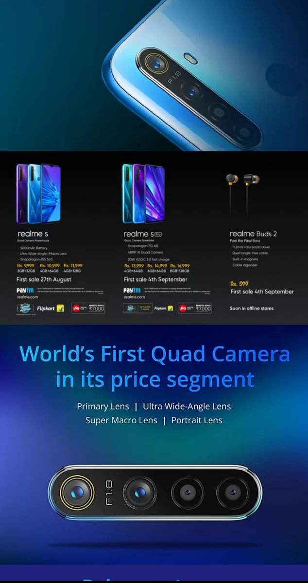 arjunkashyapap's tweet photo. Today launch #realme 5 ,realme 5 pro in India,the price is realme 5- ₹9,999(3+32),₹10999(4+64),₹11999(4+128),and realme 5 pro price is ,₹13999(4+64),₹14999(6+64),₹16999(8+128)
#techon4t #realme5series 🙏💪💪💪world first quad camara set up, https://t.co/Xpzn9av4P4 https://t.co/ggt5VEsVoG