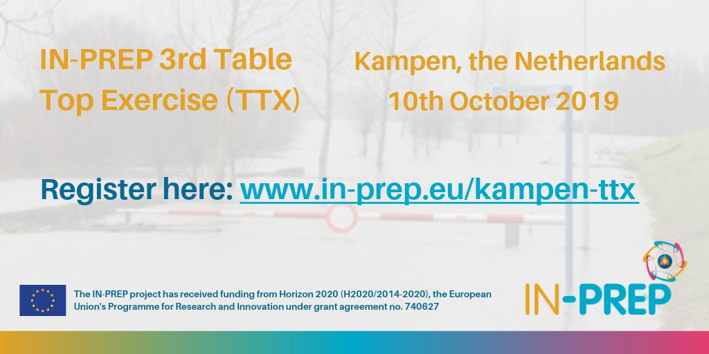 We are excited to share more details about our upcoming 3rd TTX this October in the Netherlands where IN-PREP's Mixed Reality Preparedness Platform will be tested in a large-scale flooding scenario! 

For more information and to register: in-prep.eu/kampen-ttx/ #H2020 #CivPro