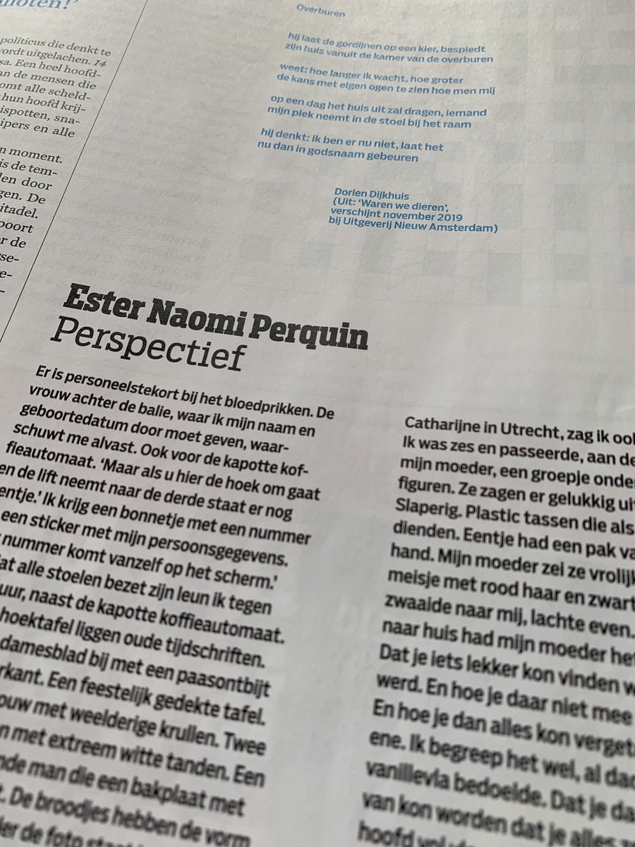 Mooi! Deze week deelt Ester Naomi Perquin een gedicht uit 'Waren we dieren' van <a href="/DorienDijkhuis/">Dorien Dijkhuis</a> in <a href="/DeGroene/">De Groene Amsterdammer</a>. De bundel verschijnt dit najaar. 

groene.nl/artikel/perspe….