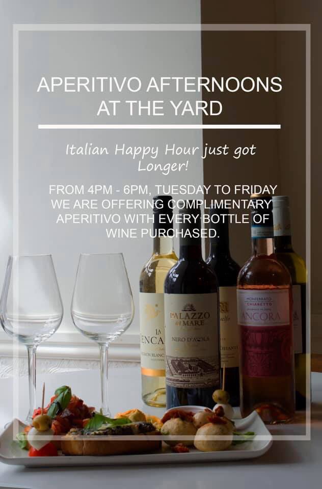 Come join us for our Aperitivo afternoons, with each bottle of wine purchased between 4pm and 6pm, Tuesday to a Friday we are giving our customers complimentary Aperitivo!