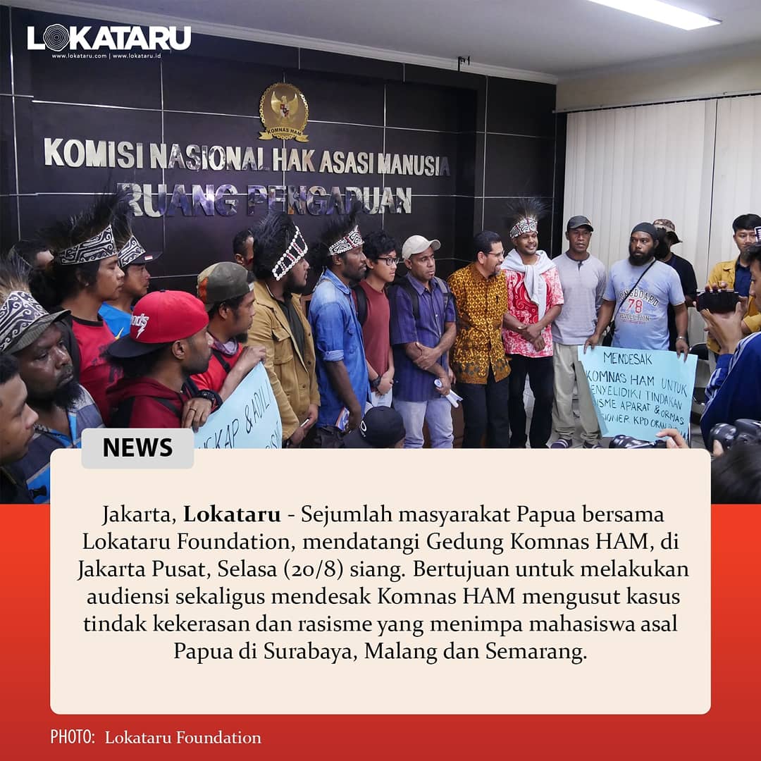 Jakarta, Lokataru - Sejumlah msy Papua bersama Lokataru Foundation,  mendatangi Gd Komnas HAM, di Jakarta Pusat, Selasa (20/8) siang. Bertujuan utk melakukan audiensi sekaligus mendesak Komnas HAM mengusut kasus tindak kekerasan dan rasisme yg menimpa mahasiswa Asal Papua.