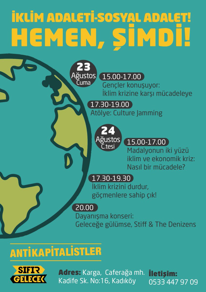 20 Eylül küresel iklim grevi öncesinde belirlediğimiz "İklim Adaleti Haftası" kapsamında Antikapitalistler 23-24 Ağustos'ta Kadıköy'de "İklim Adaleti- Sosyal Adalet" etkinlikleri düzenliyor. Gelin birlikte konuşalım: facebook.com/events/5547500…