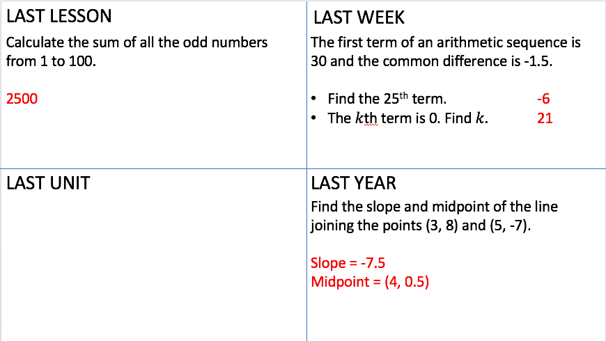 BeckyHall75's tweet image. Start as you mean to go on...#ibmathai are starting every lesson with a lastlastlastlast set of questions. It was so successful with my gr12 #ibmathstudies class last yr that I&apos;m doing it with all my classes this yr #teach180 #iteachmath
