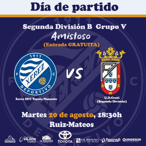 XerezDFC_Futsal's tweet photo. AMISTOSO| ¡HOY JUGAMOS! Entrada GRATUITA para ver el duelo entre el Xerez DFC Toyota Nimauto 🆚 @ua_ceuti (Segunda División)

⏰HOY,18:30h
🎟ENTRADA GRATUITA
📍Ruiz-Mateos 
 
💪🏽⚽️🔵

#EsHoraDeVolver https://t.co/9AM1D3FOQj