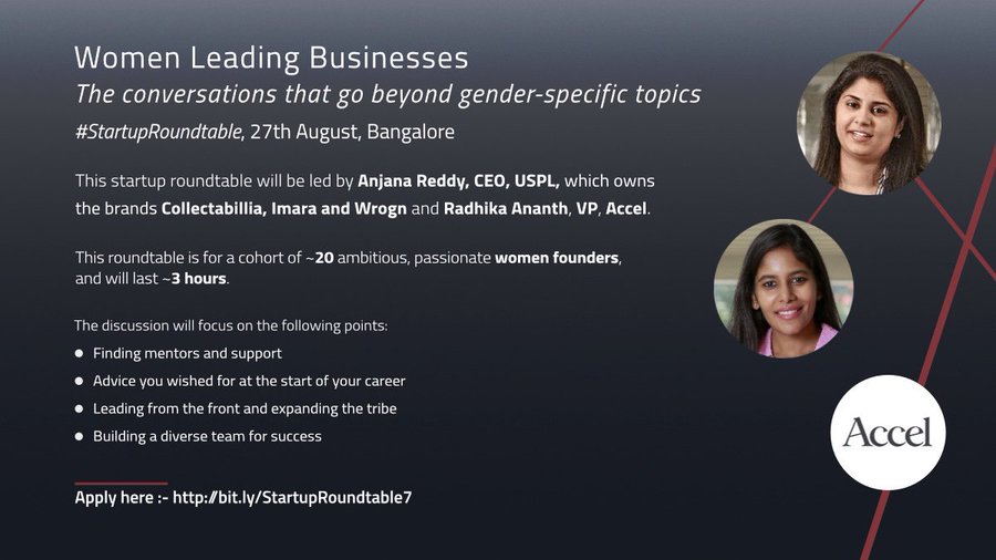 YourStoryCo's tweet image. .@Accel_India is excited to host a women-founder focused roundtable on &quot;Expanding our tribe and catalyzing for women entrepreneurship&quot;

The #StartupRoundtable discussions will be led by @atredd and @RadhikaAnanth.

Apply here to be a part of this meetup - bit.ly/StartupRoundta…