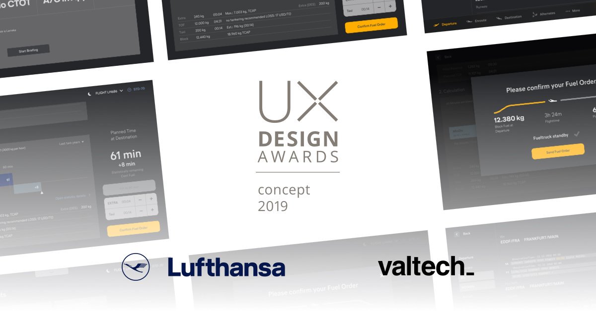 valtech_de's tweet photo. We proudly announce, we won a UX Design Awards 🏆
with our fuel order experience for Lufthansa pilots.
More about the amazing project here: https://t.co/QVOI19hfu6
#UXDA19 #UXDesignAward #Lufthansa #UXDesign https://t.co/MN5OBdSPxI