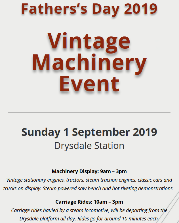 BRailway's tweet photo. On #FathersDay (Sunday 1 September), the Bellarine Vintage Machinery Group will be holding a display &amp; BBQ at #Drysdale station - and there will be steam train rides too!

Proceeds from the locomotive cab rides will go to restoring our loco M6...

Info: https://t.co/Fvw7cTjRnN https://t.co/pNf7qAH0z0