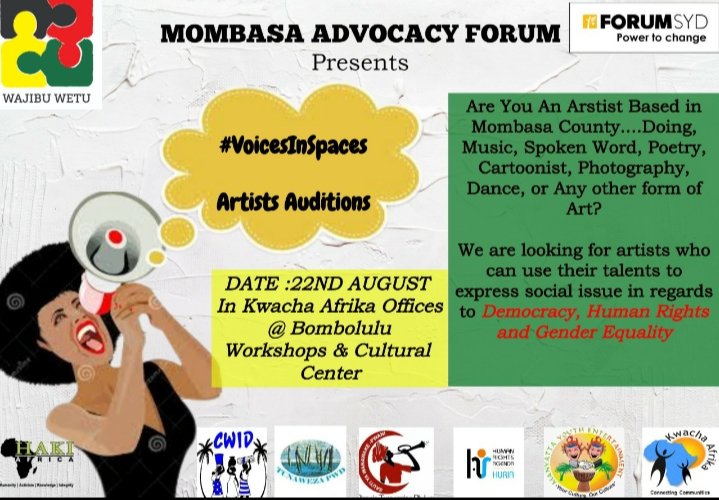 Be A part of this Great opportunity #voicesinspacesmombasa @WajibuWetuProg @ForumSydHubESA <a href="/HakiAfrica/">HAKI Africa</a> <a href="/Huria_KE/">Human Rights Agenda</a> <a href="/TunawezaP/">TunawezaPWD</a> <a href="/SFCG_Kenya/">Search for Common Ground Kenya(@SFCG_Kenya)</a> <a href="/Cwid4Cwid/">Collaboration of Women In Development - CWID</a> <a href="/OhmsLawMontana/">Rema Wa MiRema🇰🇪</a> @SautiYaWanawa <a href="/KarenSade2/">Karen Kengah</a> <a href="/thekhrc/">KHRC</a> <a href="/MombasaCGW/">MCGW</a> <a href="/SwedeninKE/">Sweden in Kenya</a> <a href="/IEAKenya/">IEA Kenya</a> <a href="/LikoniG/">Likoni Kaya LIKAGRO</a>