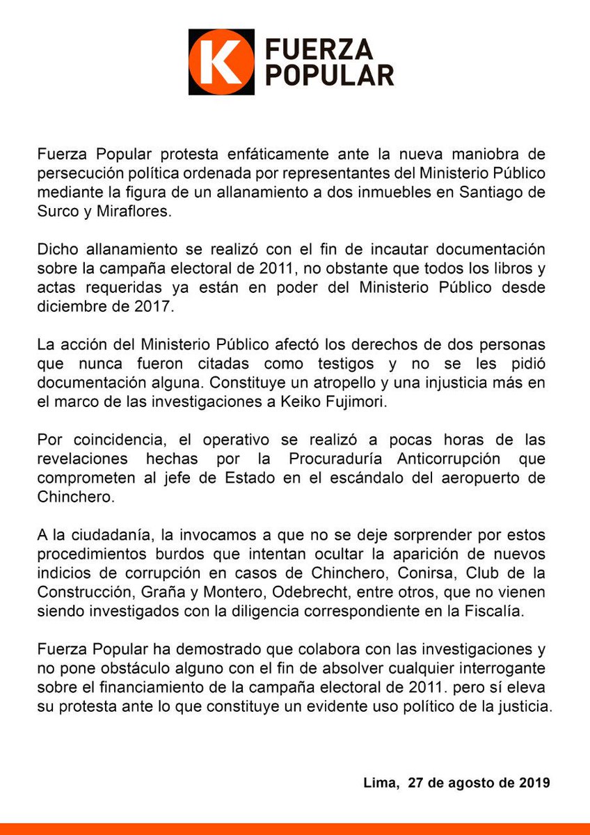 #COMUNICADO: Fuerza Popular protesta enfáticamente ante la nueva maniobra de persecución política ordenada por representantes del Ministerio Público mediante la figura de un allanamiento a dos inmuebles en Santiago de Surco y Miraflores...