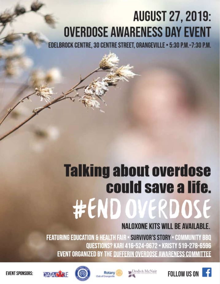 DufferinCounty's tweet photo. Please join the Dufferin Overdose Awareness Committee for this year's Overdose Awareness Event. Tuesday, August 27, 2019 at 5:30pm-7:30pm at the Edelbrock Centre, 30 Centre St, Orangeville. Talking about overdose could save a life. #endoverdose #wearedufferin https://t.co/gCeksTGflb