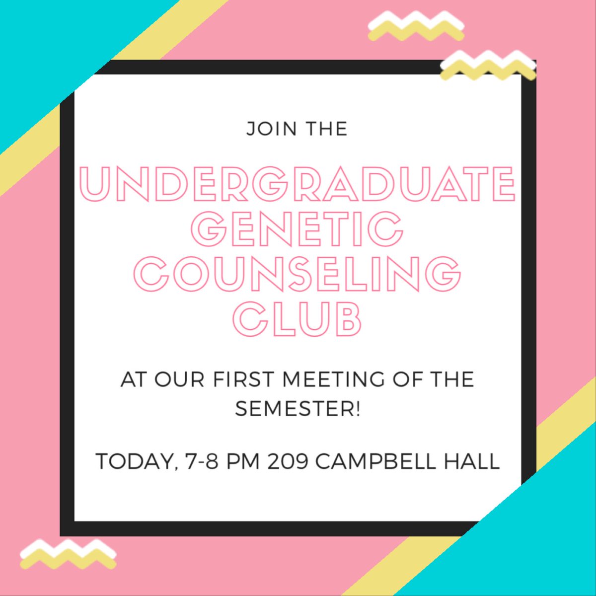 Reminder that tonight is the first meeting of the new semester!🧬✨ 

We will get to know the executive board, introduce the field of genetic counseling, discuss the upcoming semester, and most importantly, eat food!!! 

We are looking forward to seeing everyone there!