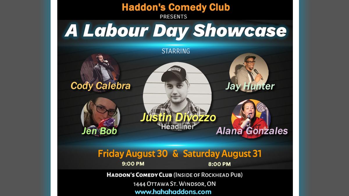 Check out our Labour Day Showcase this weekend with headliner @JustinDivozzo, along with Jen Bob, <a href="/CodyCalebra/">Cautiously optimistic comic</a>, Jay Hunter and Alana Gonzales! Showtimes are Friday at 9pm and Saturday at 8pm. Tickets available online or at the door.

#YQG #windsor #standupcomedy #LaborDayWeekend