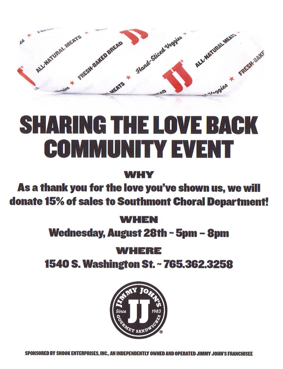 SouthmontJrHigh's tweet photo. Need dinner plans for tomorrow night? Look no further! Head to Jimmy Johns in Crawfordsville from 5-8pm and show this post and 15% of sales will go to the Southmont Choir Program! Whether you can or can’t go - PLEASE SHARE! https://t.co/4CmkRkur8S