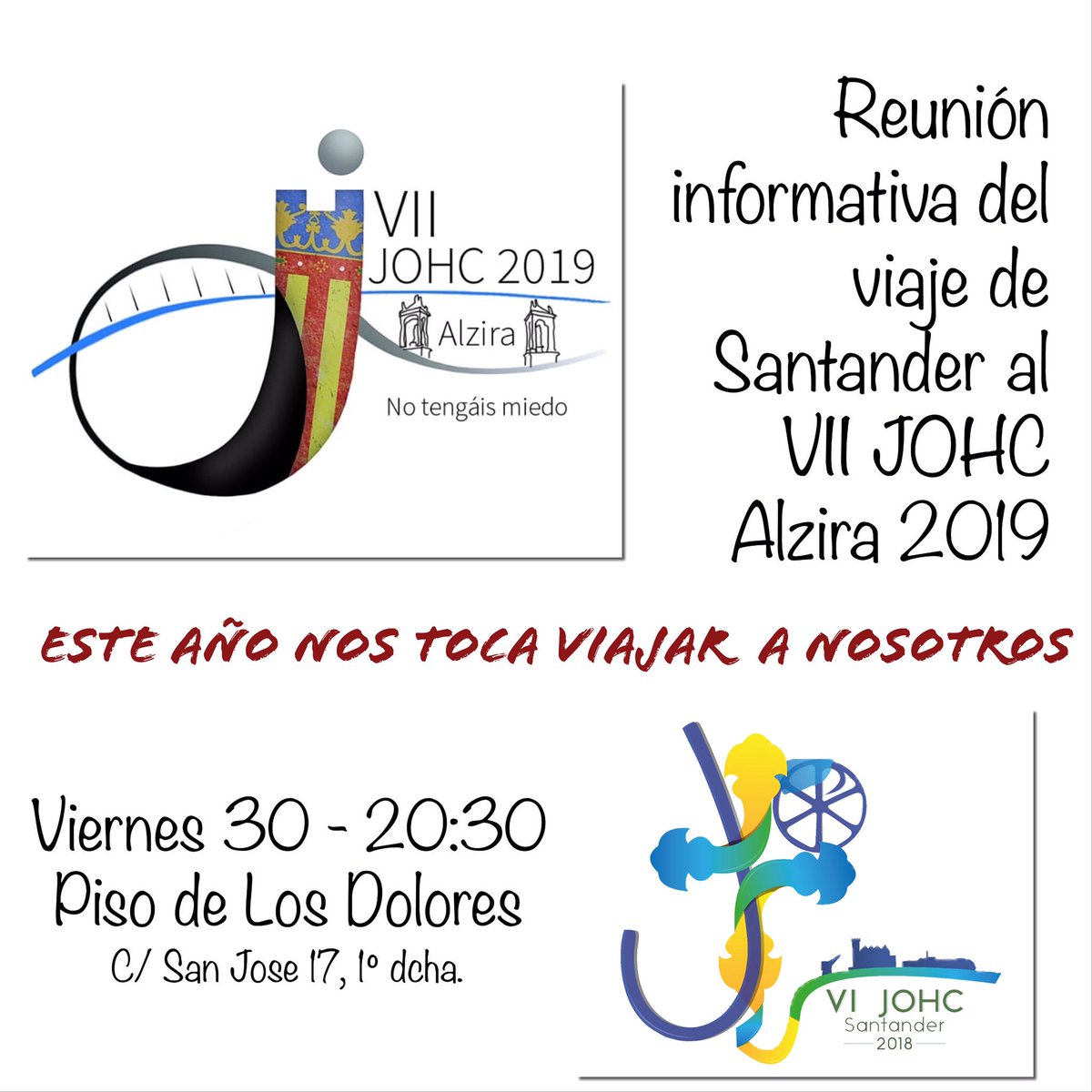 ¡Nos vamos a Alzira a llevar el farol del #JOHC🕯!
Este viernes a las 20:30 en el piso de <a href="/Los_Dolores/">Cofradía Los Dolores</a> tendremos una reunión para informar cómo será el viaje de <a href="/JOHCSantander/">JOHC Santander 2018</a>. ¡Te esperamos! 🔝