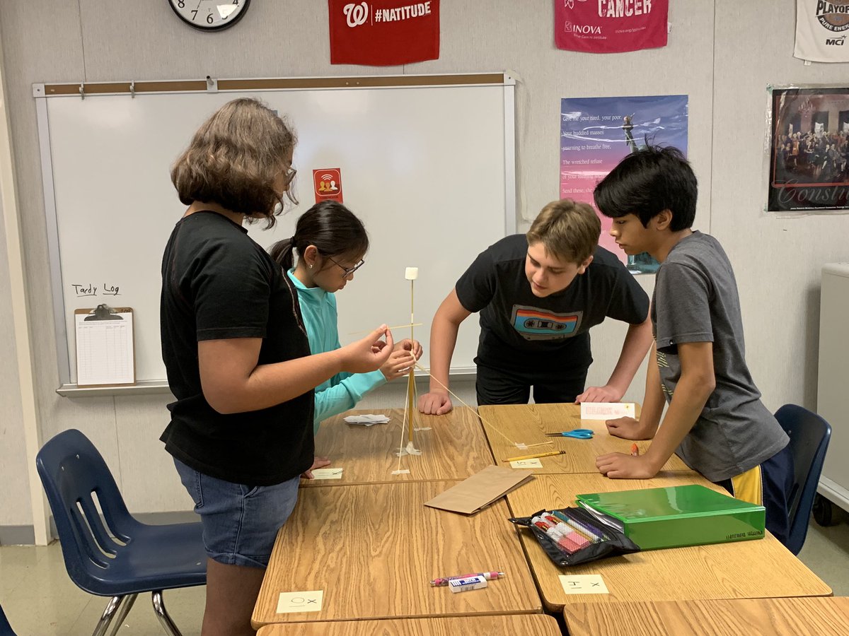 bowerteach's tweet photo. The @FrostMSVA History 7 team had a great team building lesson today as part of #firstweekfairfax. The Marshmallow Challenge is always a hit and does a great job of reinforcing the skills students need to be successful during group work! #ONEfrost https://t.co/zg03VPvKfj