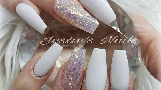 White Pink Glitter Ombré Coffin Nails by MargaritasNailz