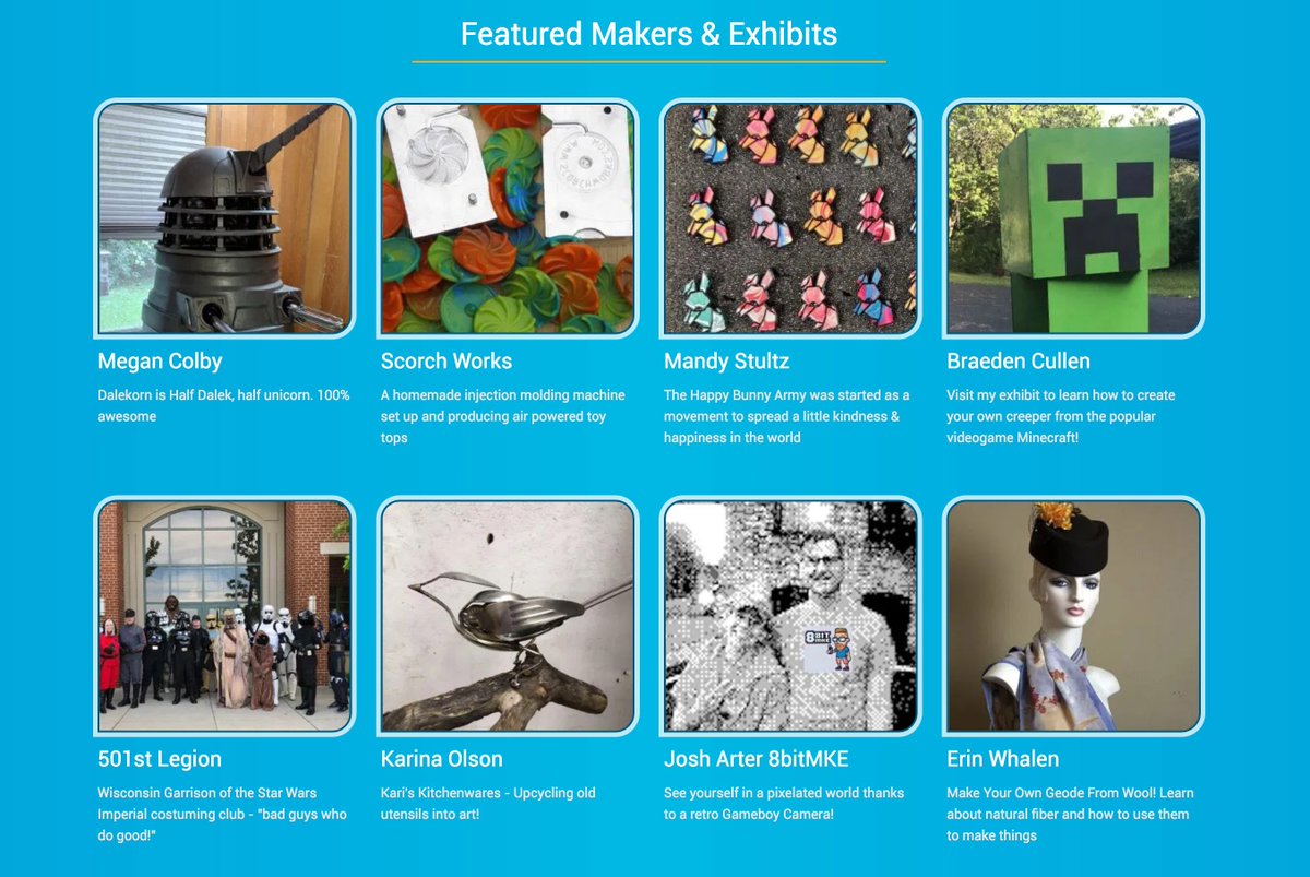 MkeMakerFaire's tweet photo. Makers! Have you checked out the web site lately? You might be a Featured Maker! 

https://t.co/y04zx0g4rP

#MakerFaire #MakerFaireMKE #mke #make #milwaukee #makers #art #games #cosplay #craft #metal #wood #paint #lasers #pixels #fibers #starwars #minecraft #daleks #doctorwho https://t.co/KTQau2yHc3