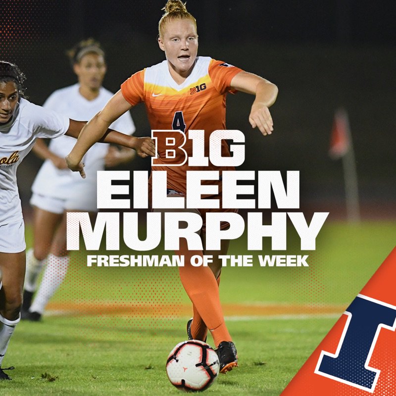 IlliniSoccer's tweet photo. Congratulations to #Illini freshman @eileenmurphy__ who was named #B1GWSOC Freshman of the Week today!

https://t.co/oYQqPVUxj3 https://t.co/9lT3zdQM2i