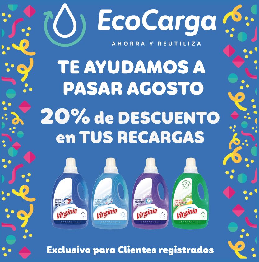 Ven antes que se acabe el mes de Agosto a EcoCarga y si estás registrado obtén un 20% de descuento en todas tus recargas. 
Promoción válida en todas nuestras tiendas. 😎 🌍 ♻️