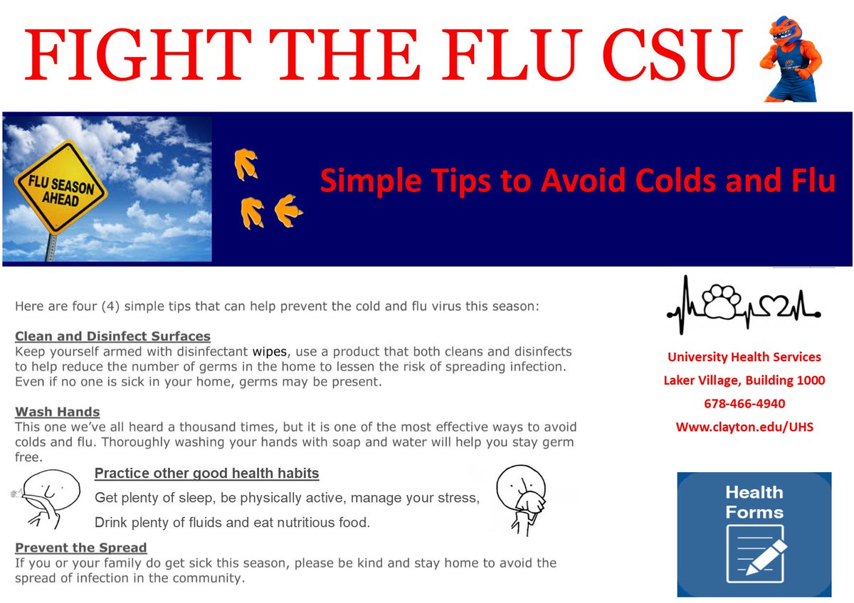 Flu Season is near. Let's get ahead by incorporating the tips below. Fight the Flu CSU! #HealthyCampus #UniversityHealthServices #FluSeason #Tips #ClaytonStateUniversity #PreventTheSpread #Fall2019