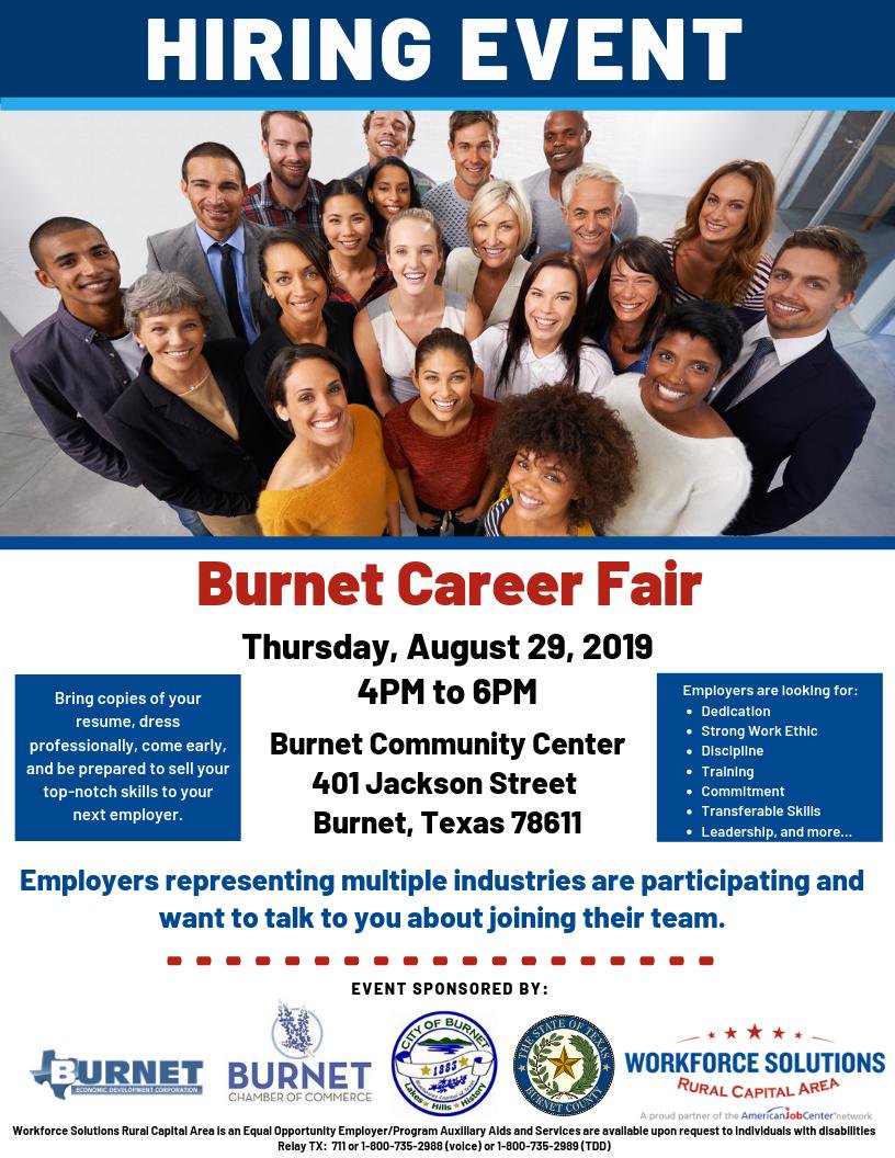 WFSRuralCapJobs's tweet photo. 🚨Job Fair Alert!🚨 Attend the Burnet Career Fair at the Burnet Community Center on Thursday, Aug. 29, from 4-6PM, to meet with local employers ready to hire you. Be prepared to sell your top-notch skills to 32+ employers. #WeAreRuralCapitalArea #RuralCapJobs #jobfair https://t.co/aoTVqtu6nO