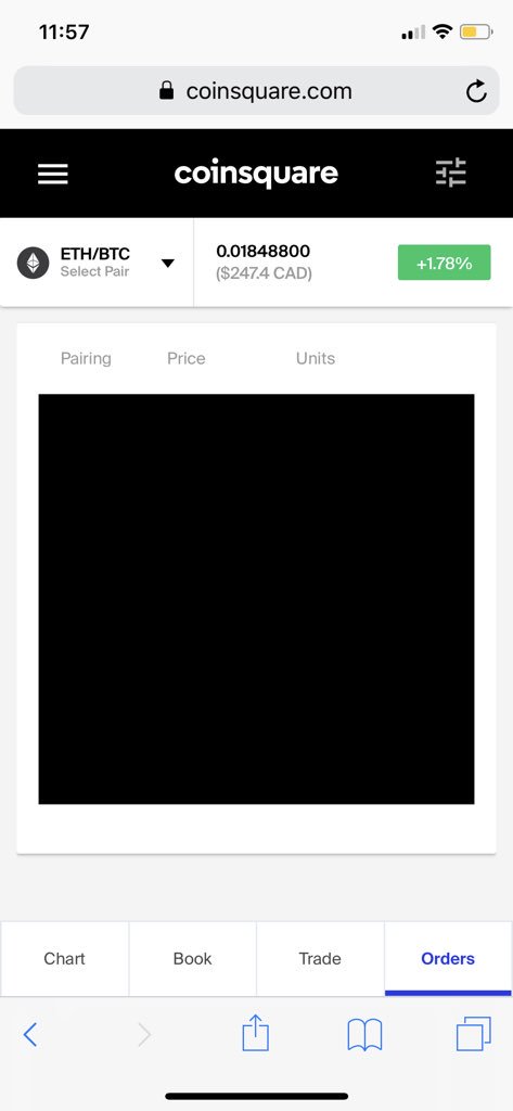 MrYoobabe's tweet photo. @Coinsquare It shows black on order section. Tried safari, chrome and mobile phobe but same. https://t.co/HHvrCpgZev