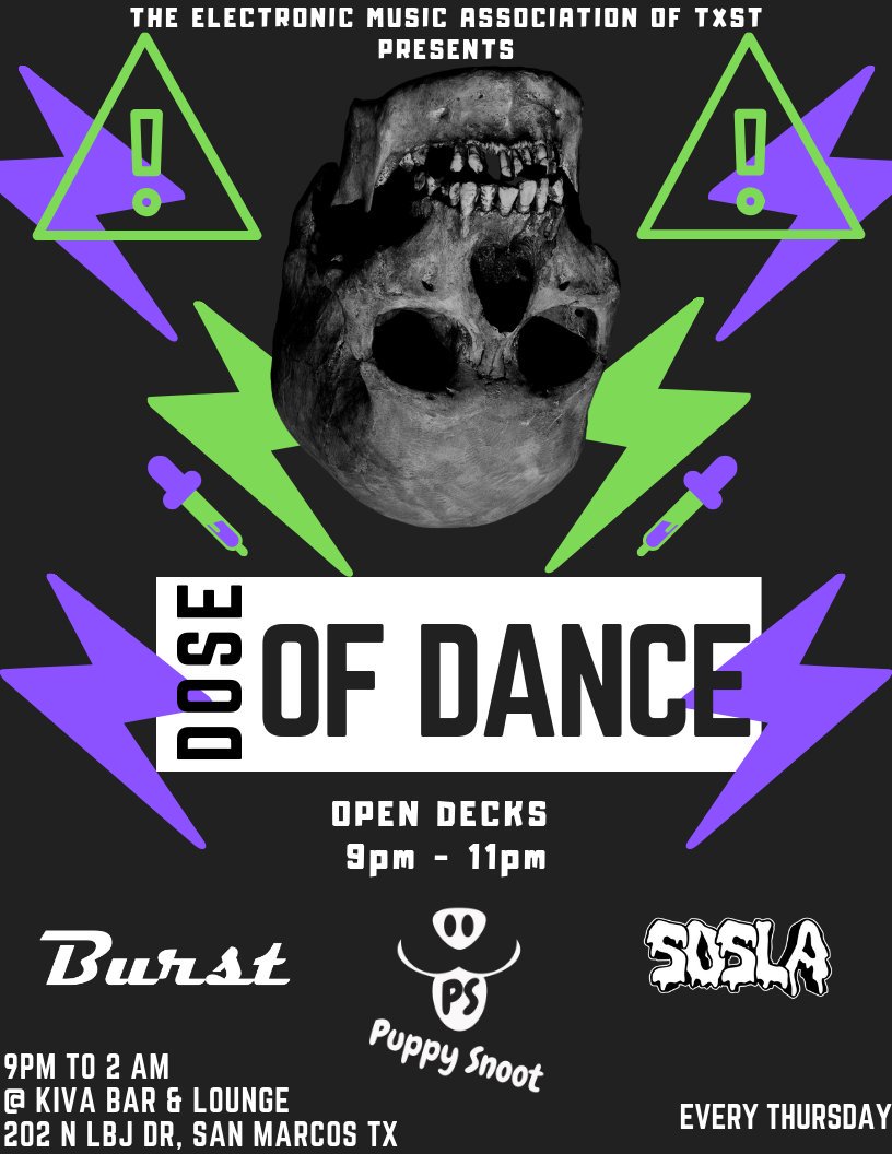 DoseofDancetx's tweet photo. THURSDAY! Were bringing the house with some OGs from our Boiler Room party! We got @Devonte_Burst at 11pm, @PuppySnoot at 12 am then @soslamusic at 1am! And dont forget, you can show us your stuff during open decks from 9-11pm! Must bring your own deck, let's get funky!😎 https://t.co/wBHMsSy4AZ