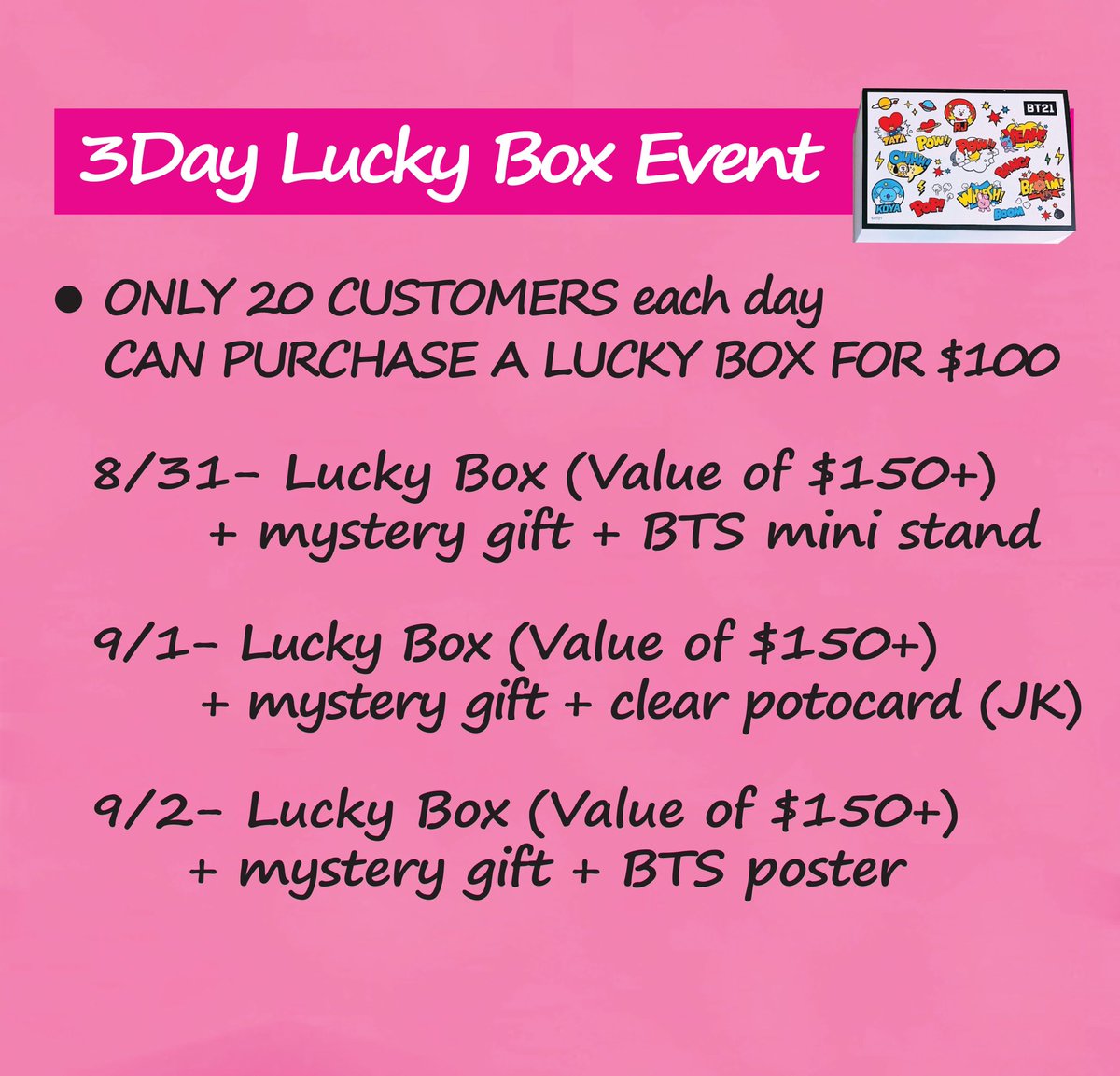 k_plus_pop's tweet photo. 🎉 3 Day Lucky Box Event! 🎉  Lucky Boxes cost $100 but will have value up to $150+. First 20 Customers that purchase a Lucky Box will receive a free gift.
8/31: BTS mini stand+mystery gift.
9/1: Clear Photocard Jungkook+mystery gift.
9/2: BTS poster+mystery gift. https://t.co/33M97BlGxk