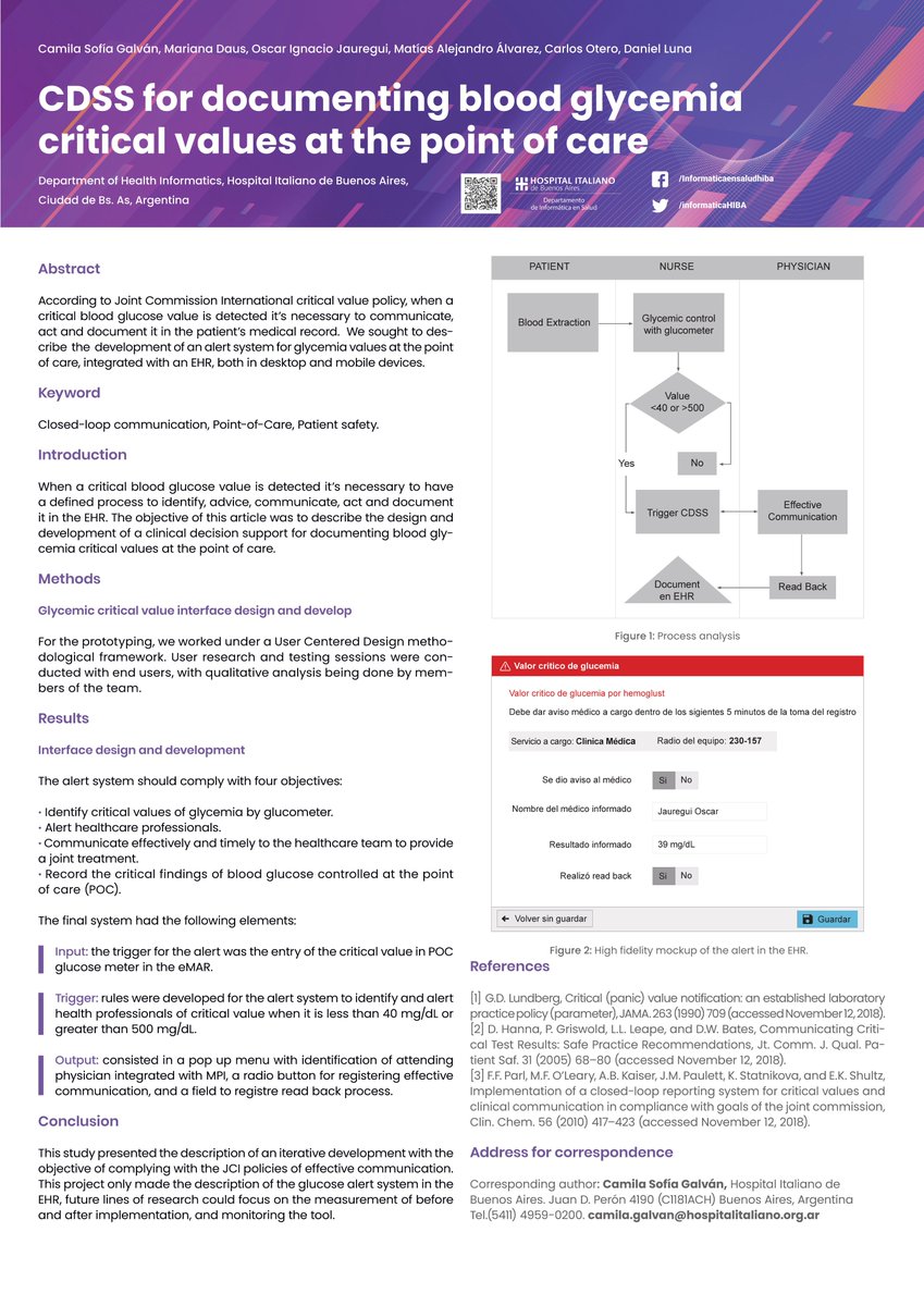 informaticaHIBA's tweet photo. 📄Poster N°3 presentado por #infomedHIBA en #MedInfo2019
"CDSS for documenting blood glycemia critical values at the point of care"
#CDSS #PacientSafety https://t.co/CzxuKHELdC