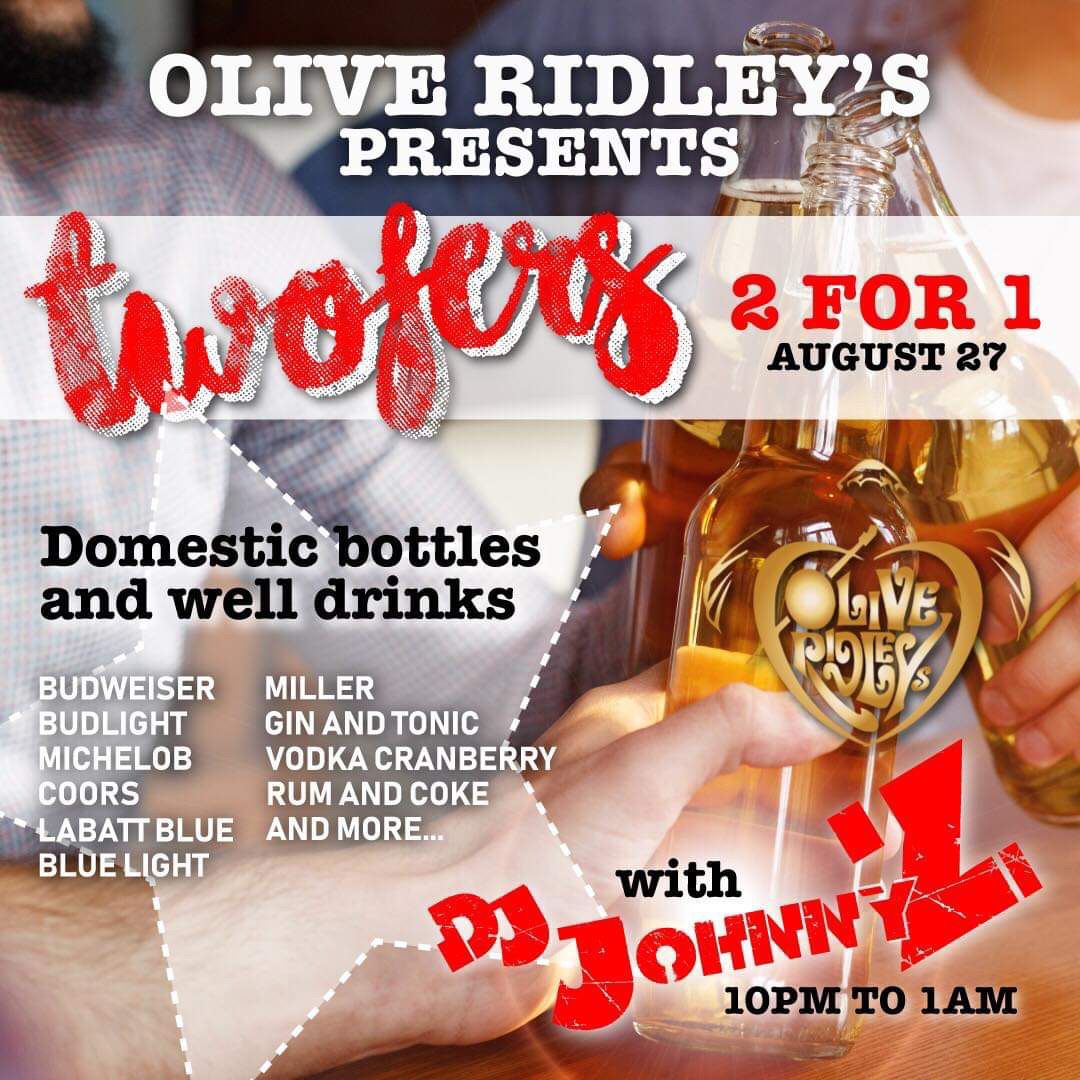 olive_ridleys's tweet photo. Celebrate the start of the Fall semester tonight at Olive Ridley’s with the BEST BOGO deal in town!  Twofers and DJ Johnny Z start at 10pm!!! https://t.co/yfGVhRmGjf