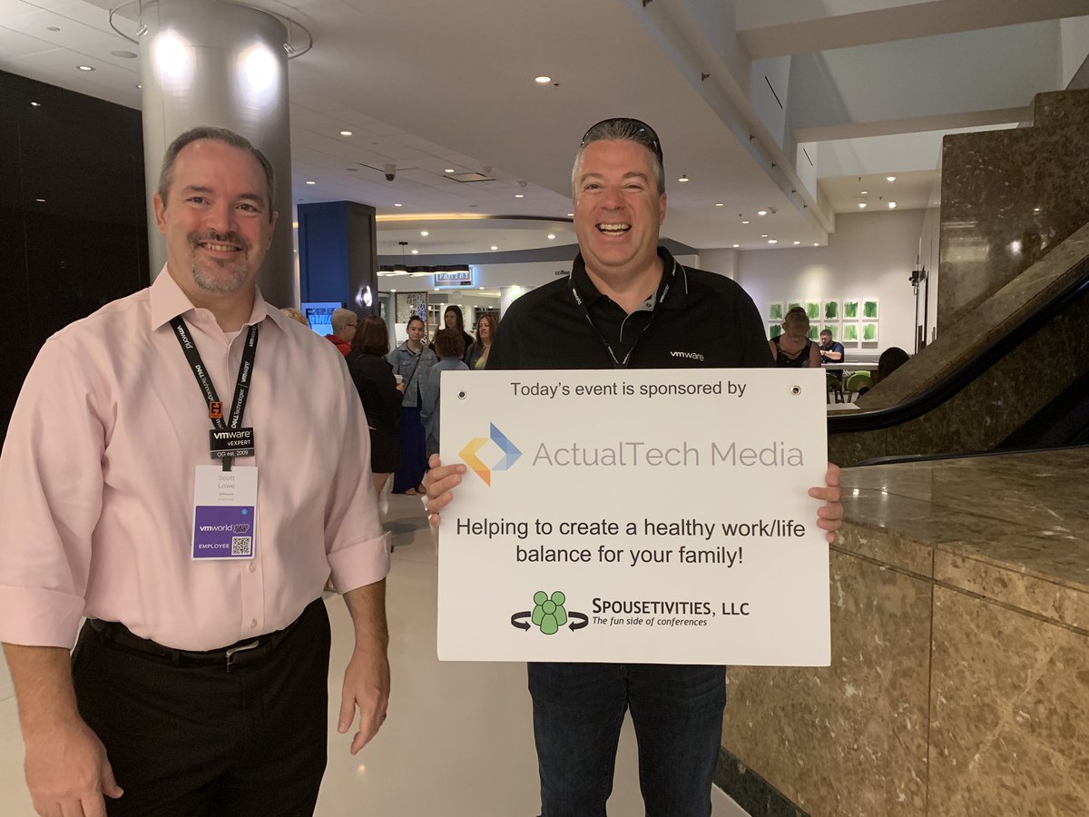 davidmdavis's tweet photo. Great to see the @spousetivities group gathering in the lobby for another fun day of activities! Today’s sponsor was @actualtechmedia ! @crystal_lowe is doing great work for the community (wait is that @scott_lowe?) #VMworld https://t.co/TYLJAjCNau