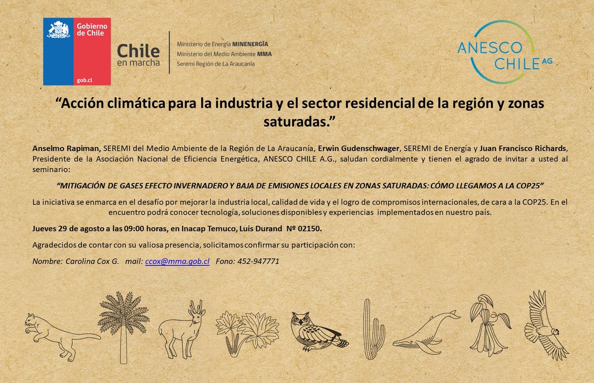 ANESCOCHILE's tweet photo. Nos vemos en Temuco este 29 de agosto. Conoce sobre acciones climáticas concretas para tu industria o institución. Inscripciones acá: ccox@mma.gob.cl   Fono: 452-947771 @MMAChile @MinEnergia @ClickieEC @AncareE @arapiman @EnergiAraucania https://t.co/c1fHMtKPtv