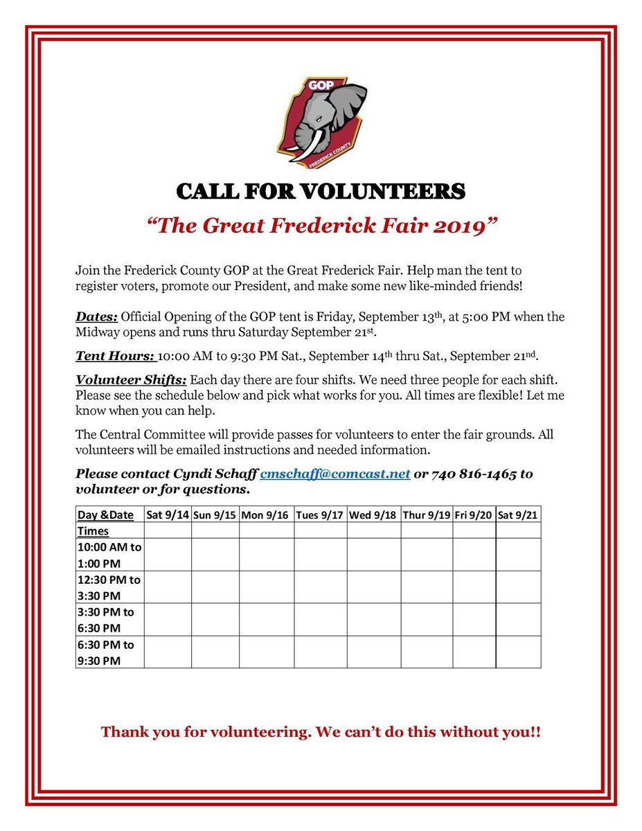 FrederickGOP's tweet image. Sign up to volunteer at the #GreatFrederickFair. Come out as we register voters, meet like-minded friends and work to re-elect @POTUS Please contact  @CyndiSchaff1 cmschaff@comcast.net or (740) 816-1465 if you are interested in volunteering or have any questions. #fredcogop