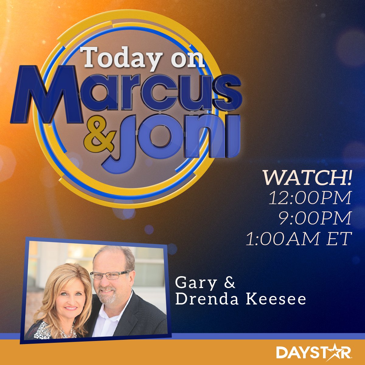 Daystar's tweet photo. Catch us LIVE today at 12pm ET on #MarcusAndJoni as we chat with hosts of #FixingtheMoneyThing @GaryKeesee &amp; @DrendaKeesee about financial wisdom on @Daystar and https://t.co/hqKHUTO0Ed! https://t.co/BoNBK35s6j