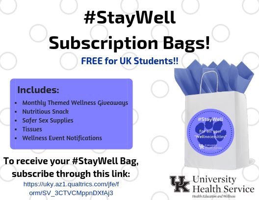 UHSPaws's tweet photo. Looking to #StayWell this semester? 💙 Sign-up NOW for a #StayWell Subscription Bag full of all your #Wellnecessities!
⬇️⬇️⬇️
https://t.co/WnNbNJWXkU https://t.co/IRQgUDWDO9