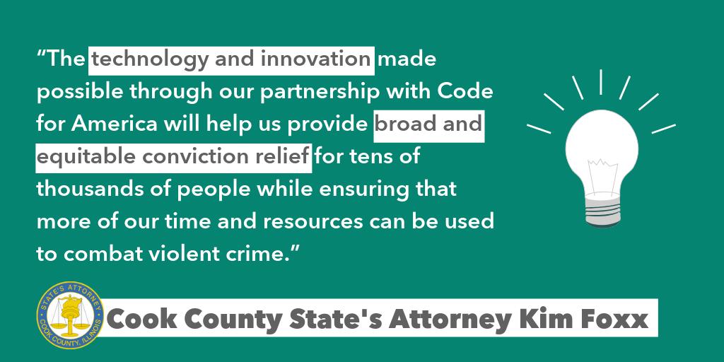 SAKimFoxx's tweet photo. @codeforamerica @cookcountysao Cook County is the first place outside of California to use @codeforamericaโs cutting-edge ๐พ๐ก๐๐๐ง ๐๐ฎ ๐๐๐๐ค๐ง๐ technology, which will allow us to provide relief quickly & efficiently to tens of thousands of people & require ๐ป๐ผ ๐ฎ๐ฐ๐๐ถ๐ผ๐ป For those with convictions. https://t.co/CB7OzEqnxI
