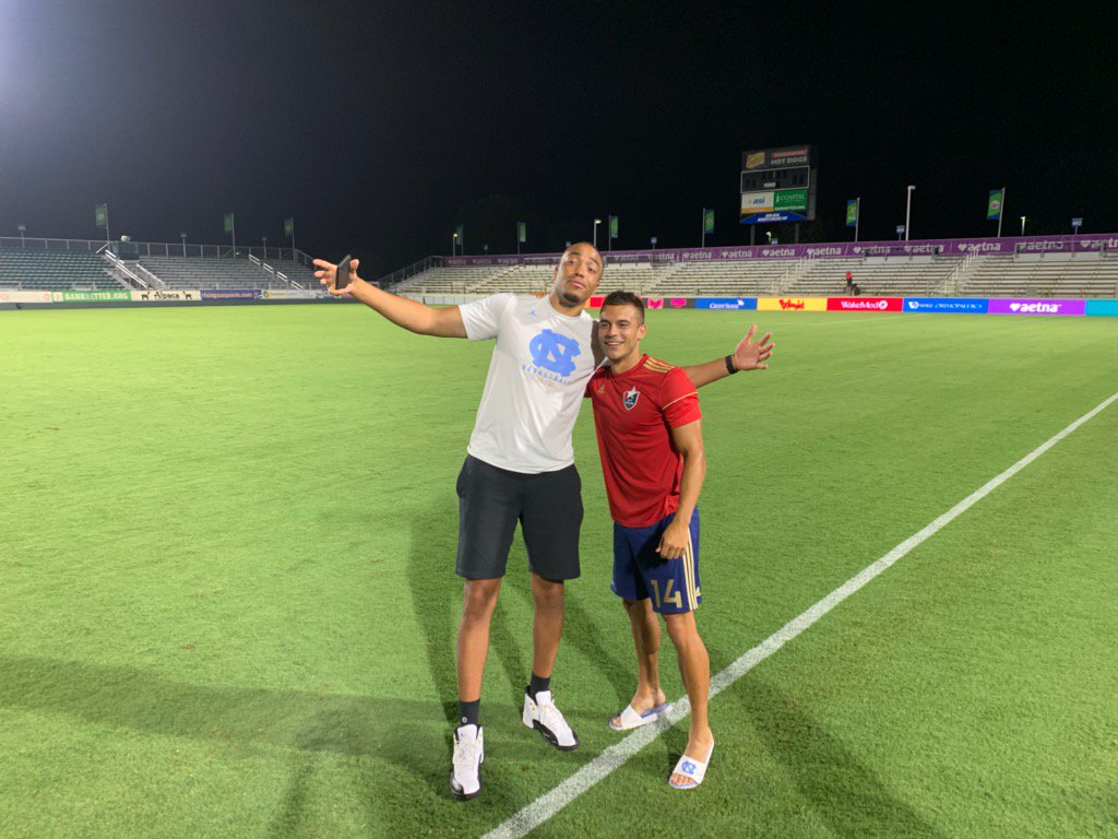 NorthCarolinaFC's tweet photo. [Days Off With @Aetna] It's good to catch up with friends you haven't seen in a while! 

@ColtonStorm did just that with @bjohnson_23 the other week. https://t.co/SpDC8gE73c