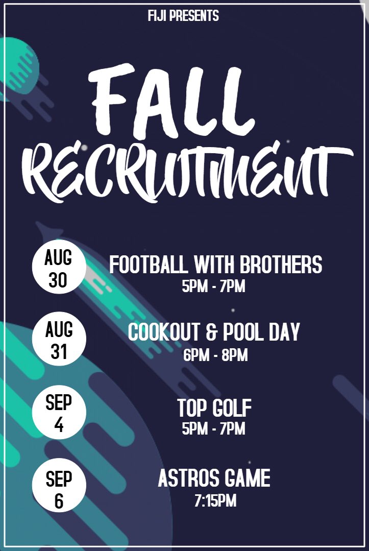 SHSU_FIJI's tweet photo. Interested in rushing this fall? make sure you don’t miss out on all of our events leading up to rush week! Come out to meet all of the brothers and see what being a FIJI Gentlemen is all about! #rushfiji For more information contact Ryan Durant at 713-504-5979 https://t.co/43M5srzyKb