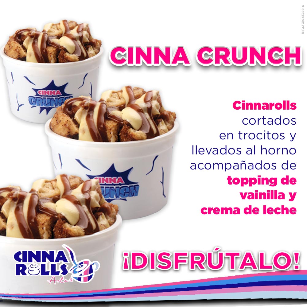 Disfruta de nuestros deliciosos y únicos CINNA CRUNCH
Cinnarolls cortados en trocitos y llevados al horno acompañados de topping de vainilla y crema de leche
Disfrutalos en todos nuestros locales a nivel nacional.
@cinnarollsoficial